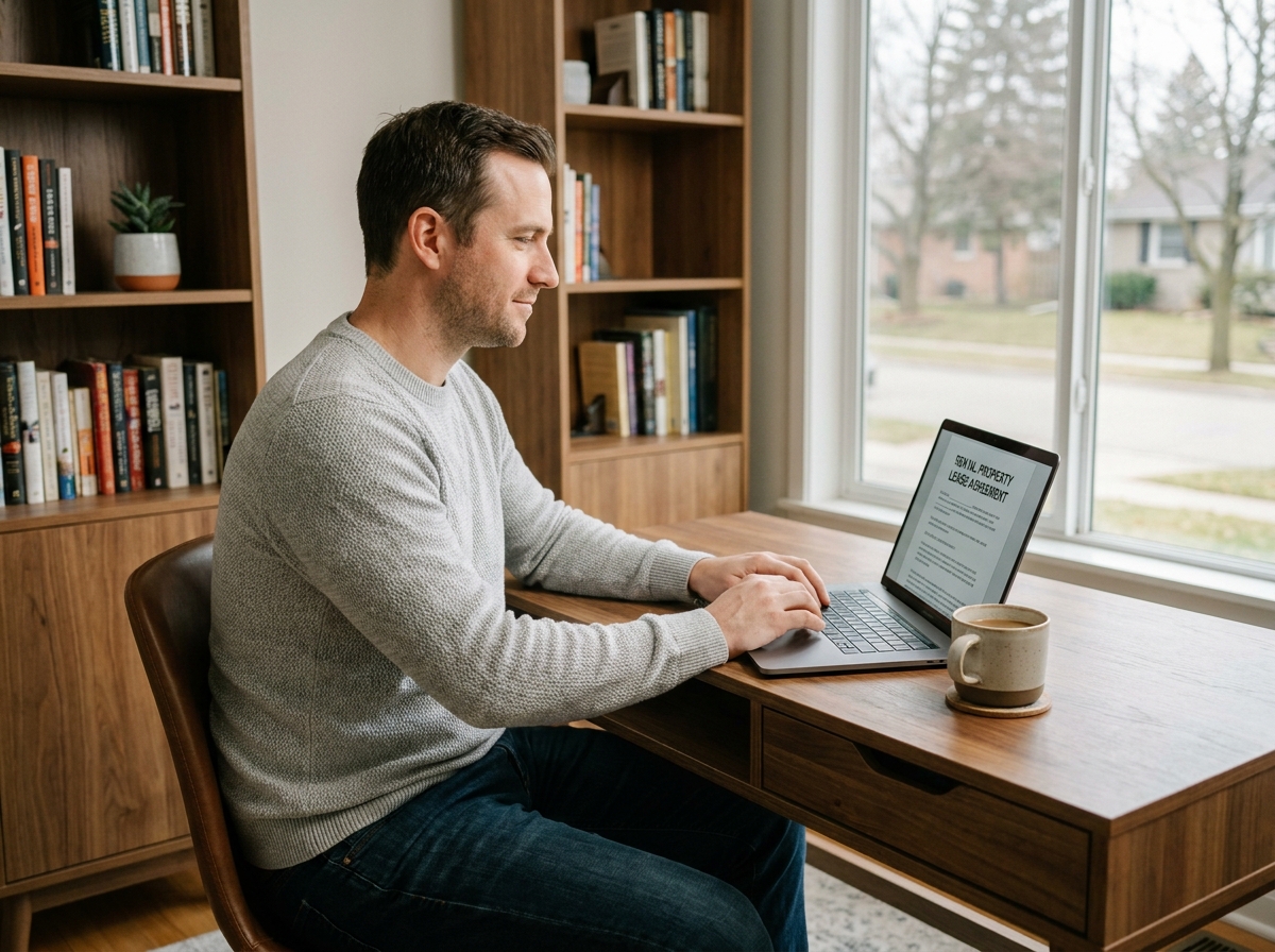 Propriétaire bailleur gérant ses investissements locatifs depuis son bureau à domicile avec un ordinateur portable