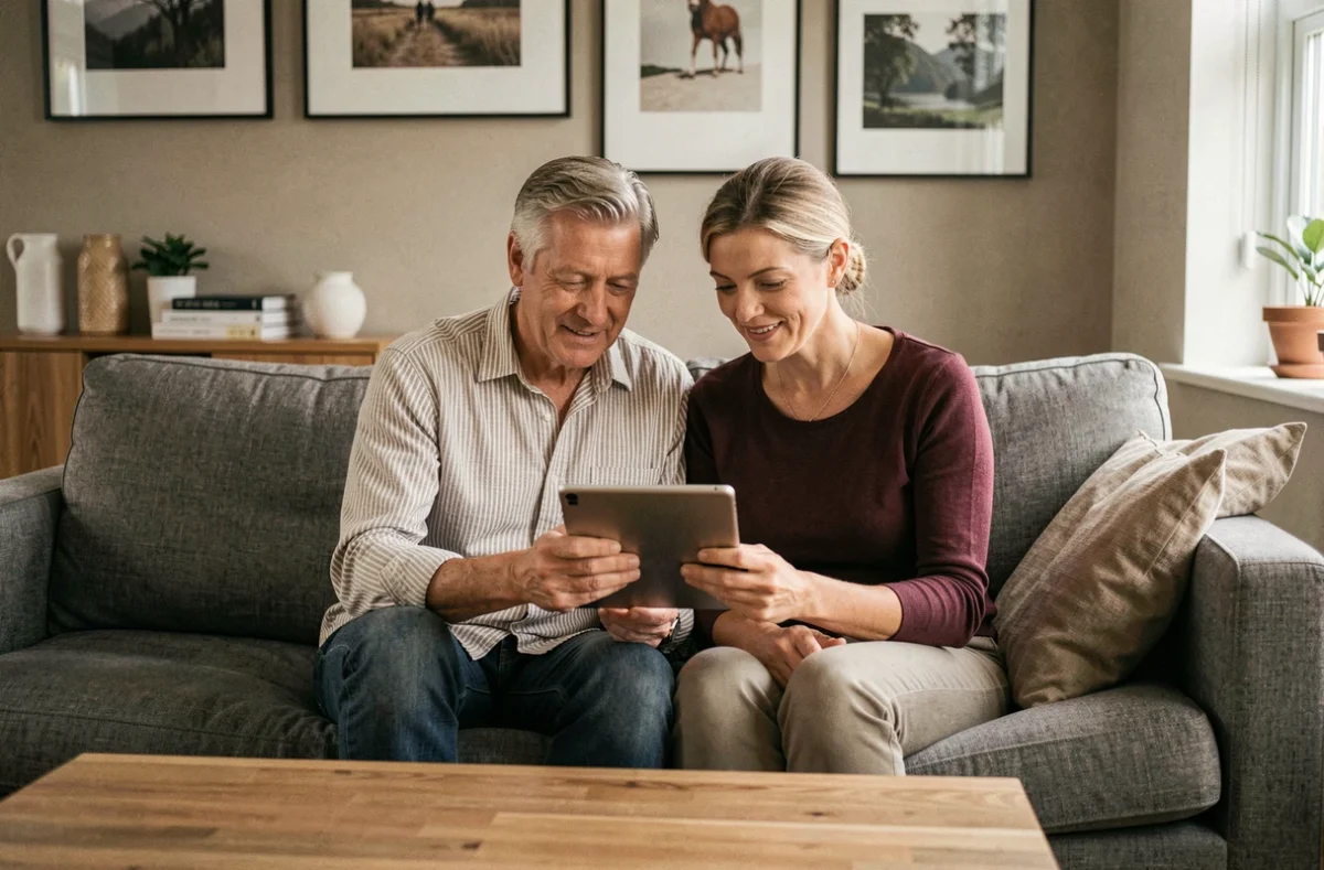 Couple gérant ensemble leurs finances en ligne en toute sécurité depuis leur salon
