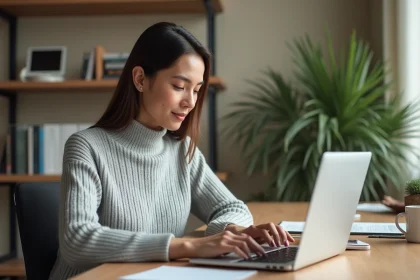 Femme gérant ses virements bancaires en ligne depuis son ordinateur portable sur un bureau en bois