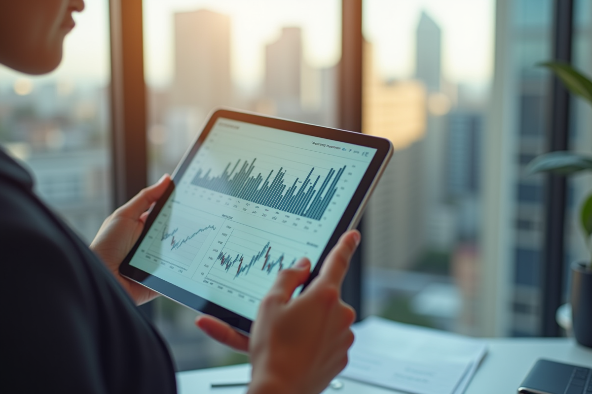 Graphes du marché immobilier sur une tablette en bureau lumineux