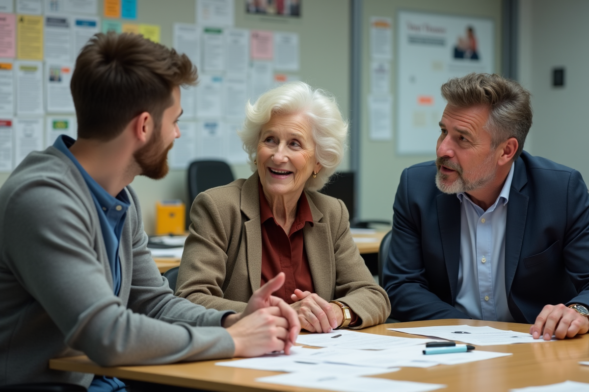Groupe de trois adultes discutant de papiers au bureau