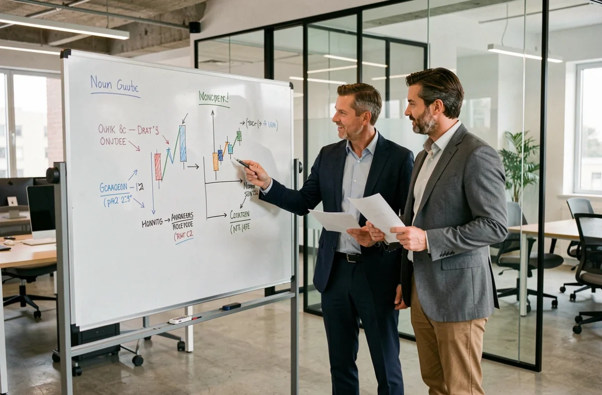Deux conseillers de H'arpe Conseil debout devant un tableau blanc avec des diagrammes financiers dans un bureau moderne et collaboratif