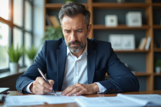 Homme d'affaires en costume analysant des documents financiers