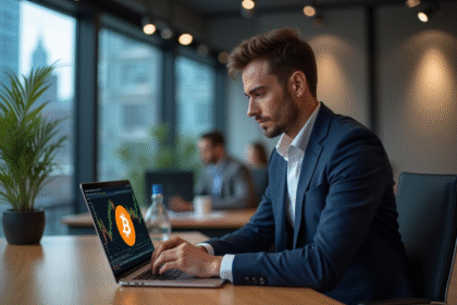 Jeune homme d'affaires analysant un graphique Bitcoin