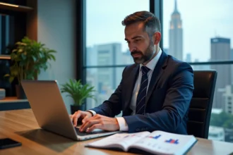 Homme d'affaires concentré devant son ordinateur avec graphiques