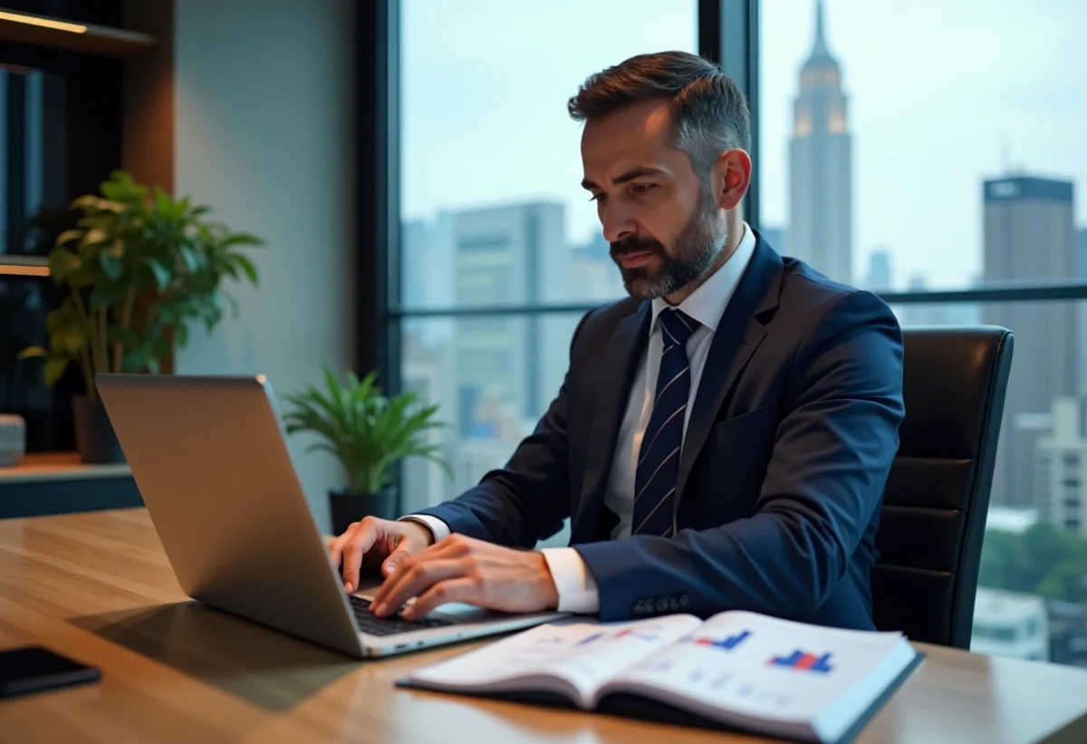 Homme d'affaires concentré devant son ordinateur avec graphiques