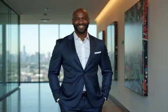 Portrait d'un homme d'affaires prospère en costume bleu marine dans un hall de bureau moderne, symbolisant la réussite financière post-carrière sportive