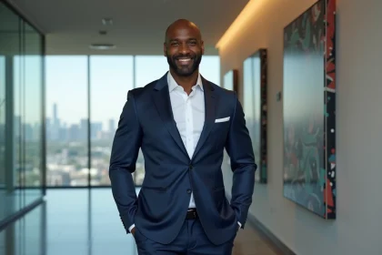 Portrait d'un homme d'affaires prospère en costume bleu marine dans un hall de bureau moderne, symbolisant la réussite financière post-carrière sportive