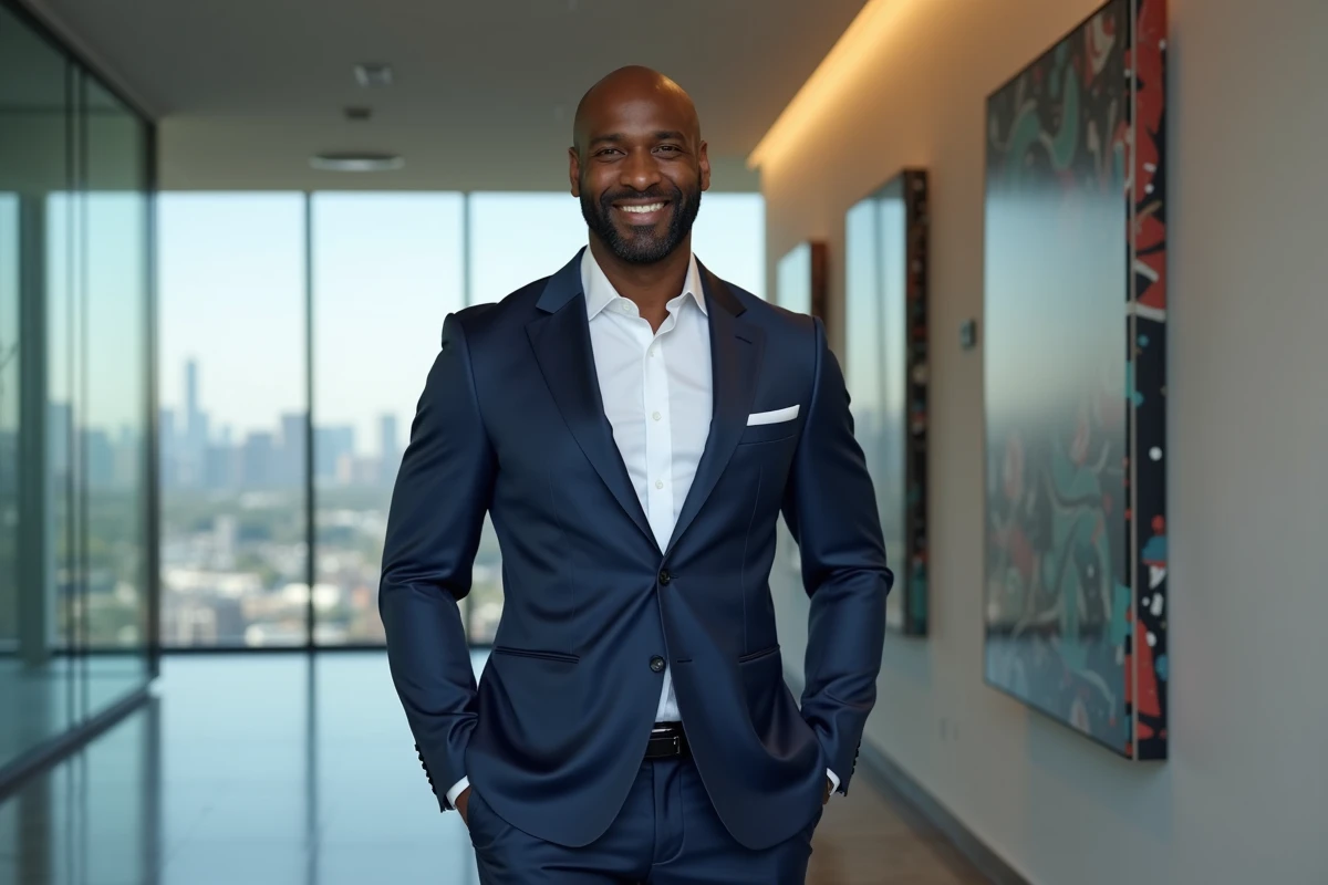 Portrait d'un homme d'affaires prospère en costume bleu marine dans un hall de bureau moderne, symbolisant la réussite financière post-carrière sportive