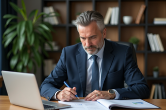 Homme d'affaires en costume bleu dans un bureau moderne
