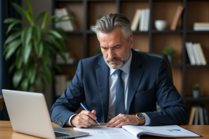 Homme d'affaires en costume bleu dans un bureau moderne