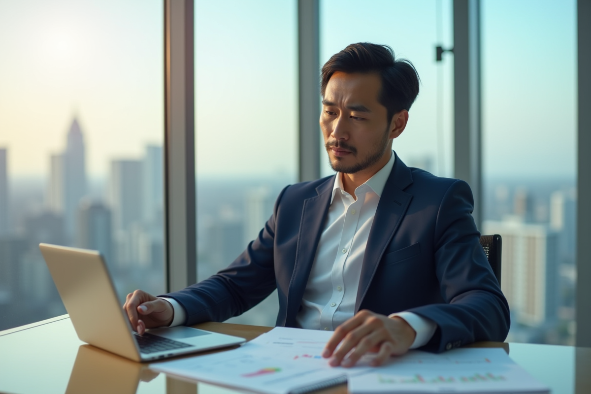 Homme d'affaires japonais en costume examine un contrat de prêt immobilier