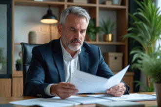 Homme d'affaires en bureau lisant des documents financiers