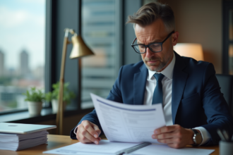Homme d affaires en costume bleu examine un relevé bancaire
