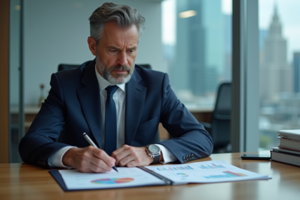 Homme d'affaires en costume bleu étude un rapport financier