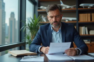 Homme d'affaires en costume bleu analysant un rapport boursier