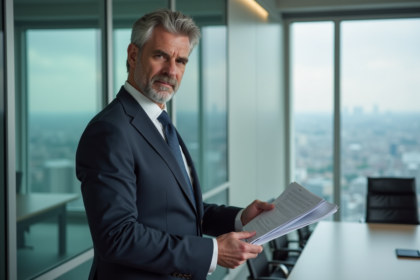Homme d'affaires en costume dans une salle moderne