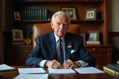 Homme âgé en costume bleu assis à son bureau ancien