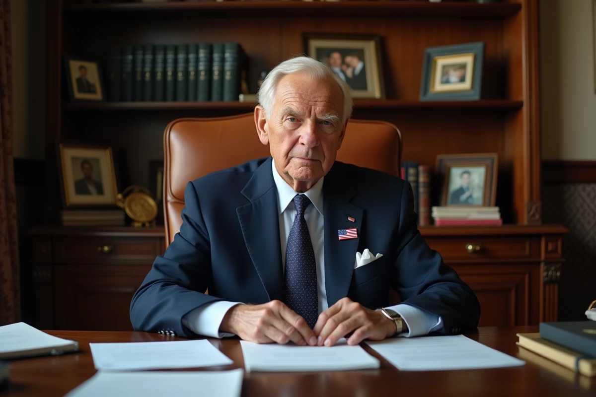 Homme âgé en costume bleu assis à son bureau ancien