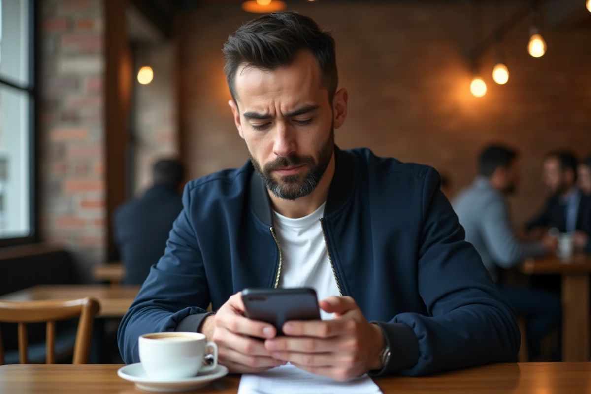 Jeune homme vérifiant un virement en attente sur l'application mobile de La Banque Postale dans un café