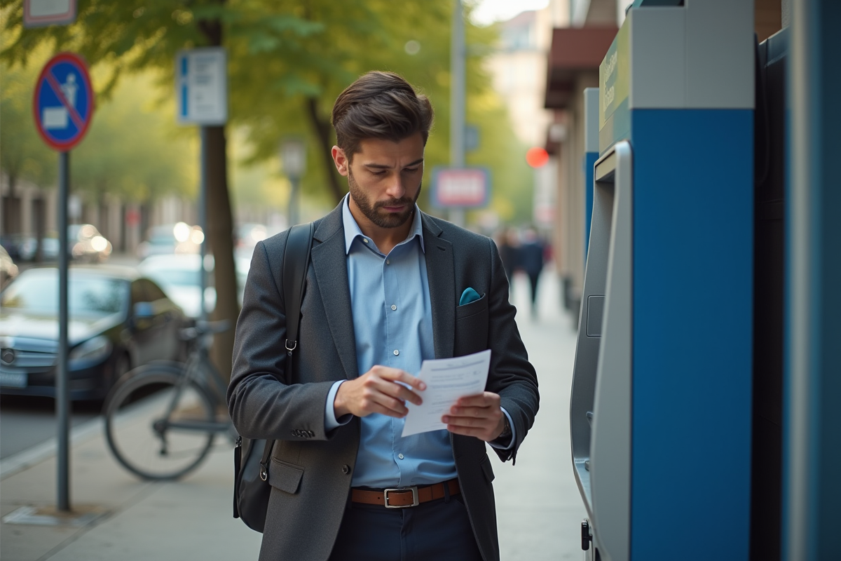 Jeune homme vérifiant un reçu à un distributeur automatique en ville