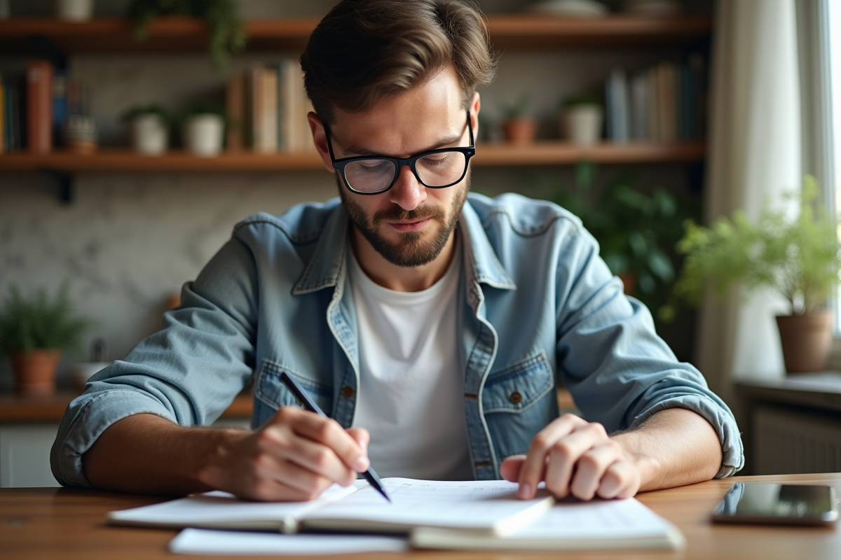 Homme en train de gérer ses finances dans une cuisine chaleureuse