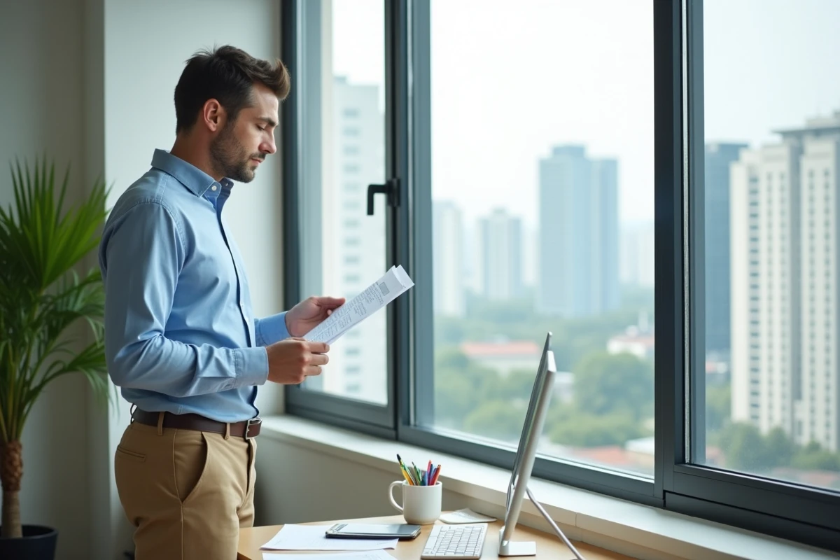 Homme d affaires regardant par la fenêtre dans un bureau lumineux
