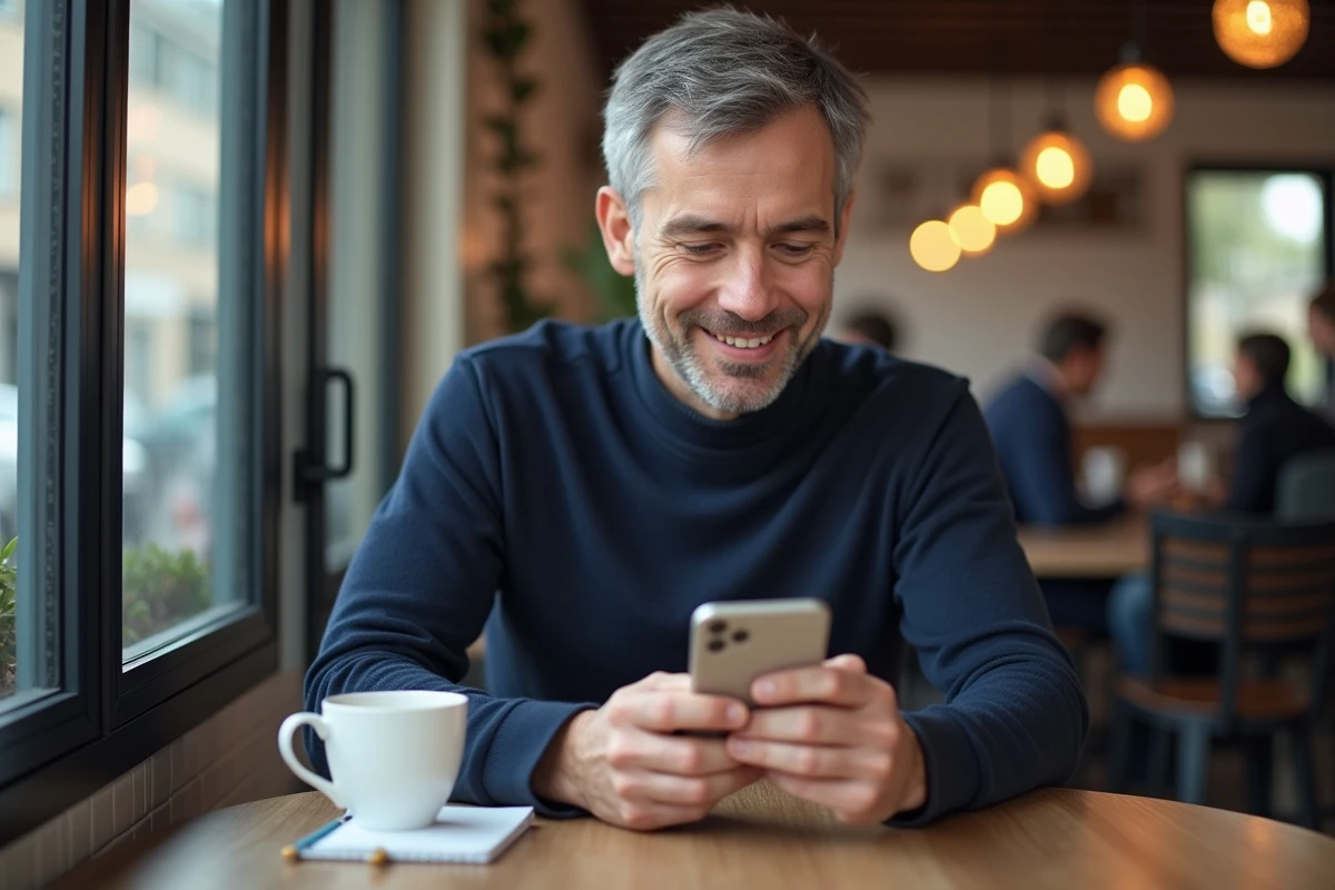 Homme souriant utilisant son smartphone dans un café convivial