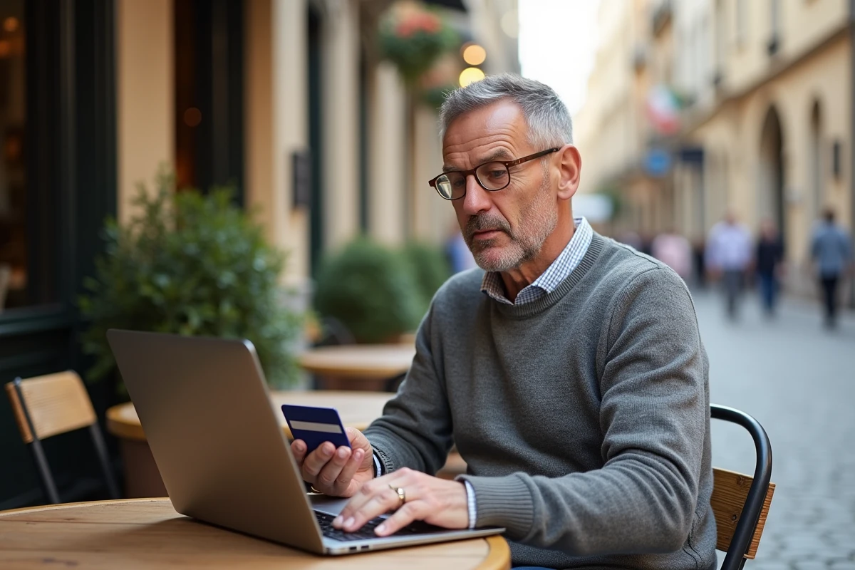 Homme détendu avec carte bancaire au café en extérieur
