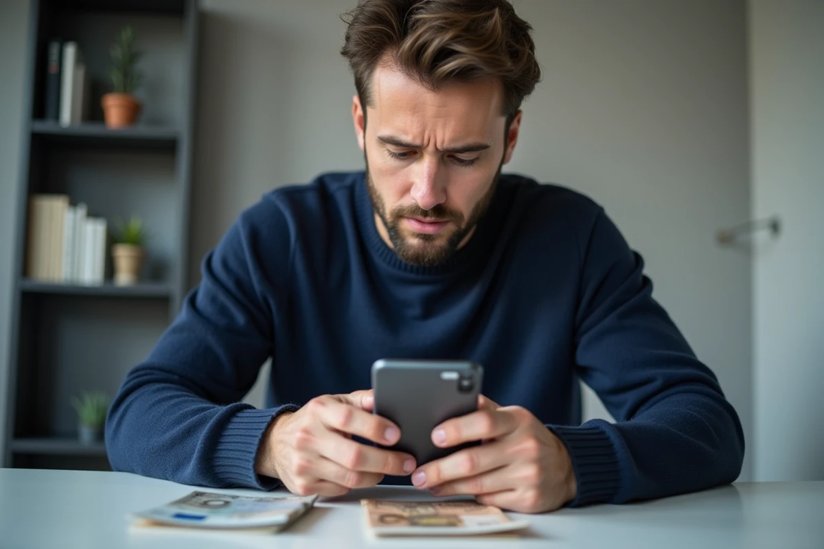 Homme comparant un billet de franc français et un billet en euro avec une calculatrice sur smartphone