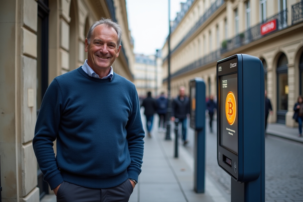 Homme français souriant près d’un kiosque de recharge crypto dans la rue