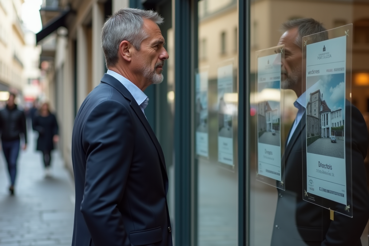 Homme regardant les annonces immobilières devant une agence