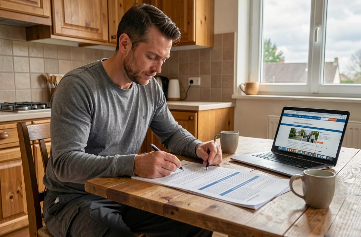 Homme consultant un contrat d'assurance accident de la vie à la table de sa cuisine avec un ordinateur portable