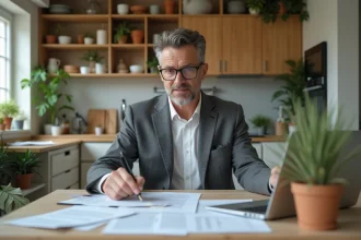 Homme d'âge moyen examinant des papiers de prêt immobilier