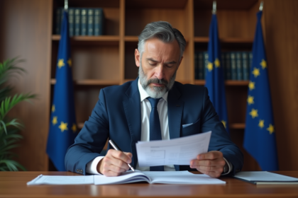 Homme en costume bleu examine des documents fiscaux