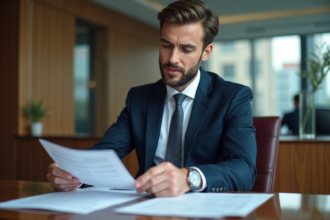 Homme en costume cravate dans une banque moderne