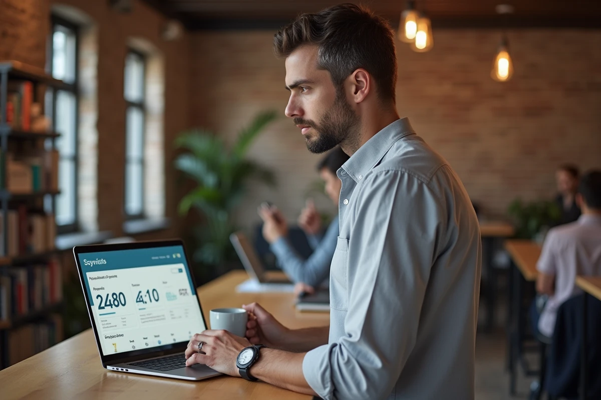 Homme professionnel consultant un comparateur de salaires sur ordinateur dans un espace de coworking urbain