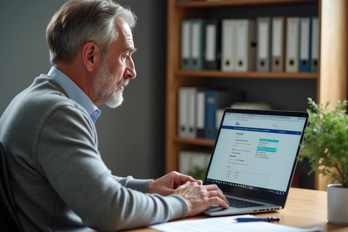 Homme utilisant un ordinateur portable pour déclarer ses revenus de placement CAF en ligne avec un livret A