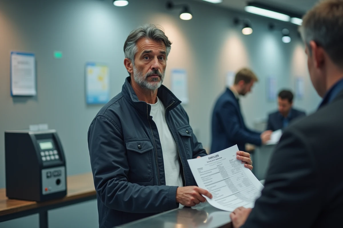 Homme seul tenant un formulaire de déclaration de revenus dans un bureau des services sociaux pour une demande de RSA