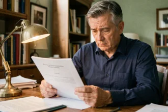 Homme consultant un document officiel de créances publiques à son bureau à domicile