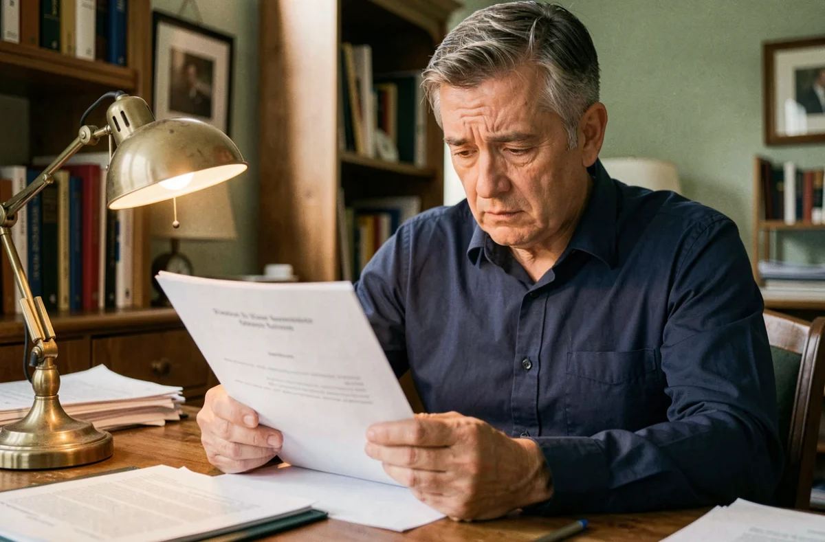 Homme consultant un document officiel de créances publiques à son bureau à domicile