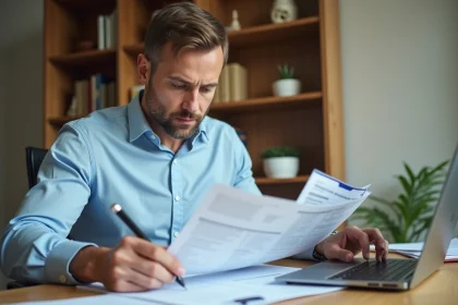 Homme consultant des documents fiscaux et formulaire H1 impôt sur son bureau à domicile