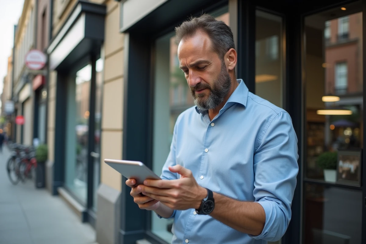 Homme d affaires utilisant une tablette devant une boutique urbaine