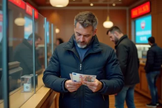 Homme d'âge moyen examinant des euros à la banque de Dublin