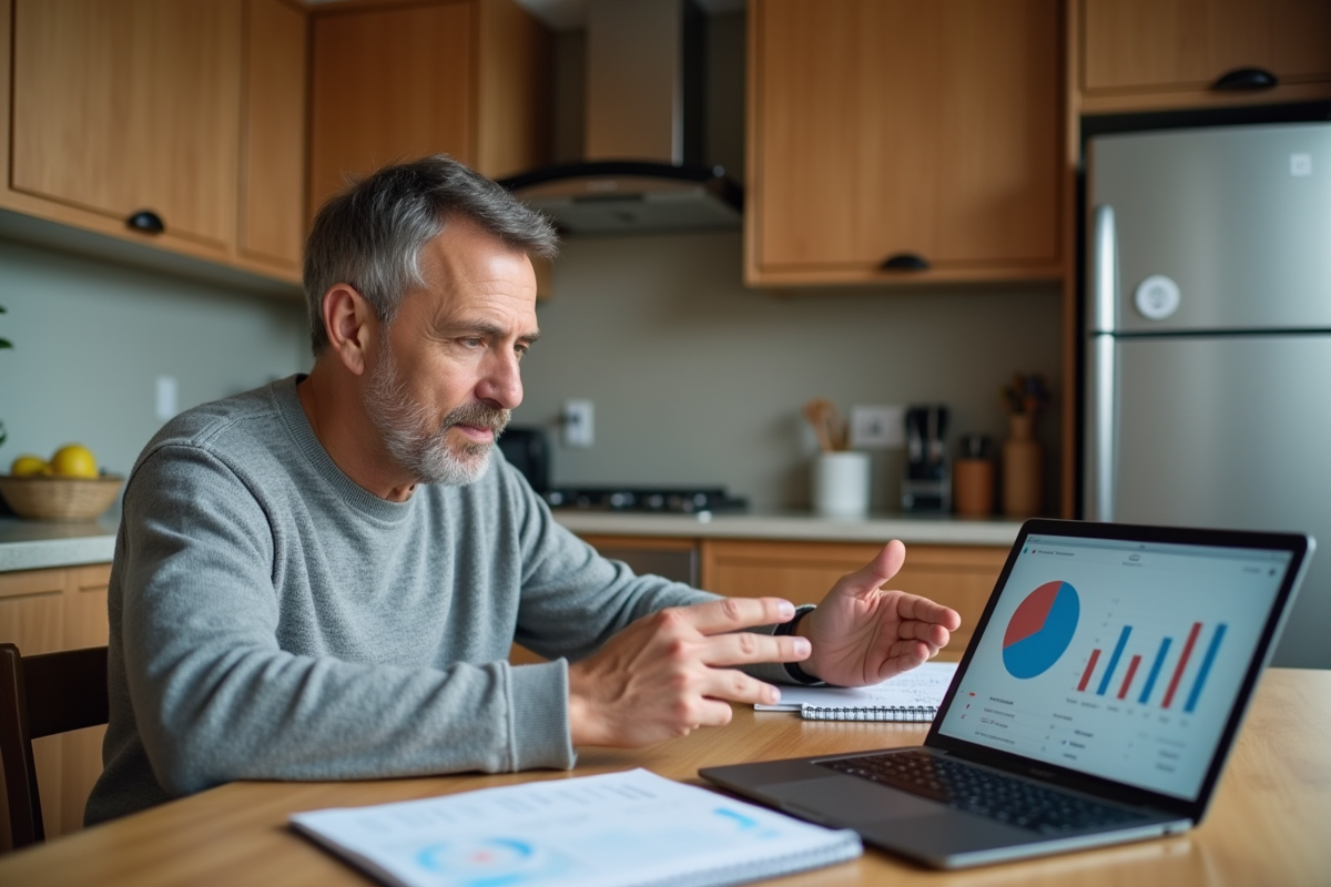 Homme détendu gérant ses finances sur un ordinateur à la maison
