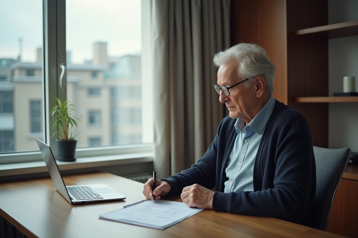 Homme âgé analysant un relevé financier dans son appartement