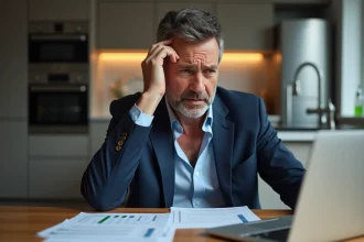 Homme d'âge moyen inquiet regardant ses documents financiers
