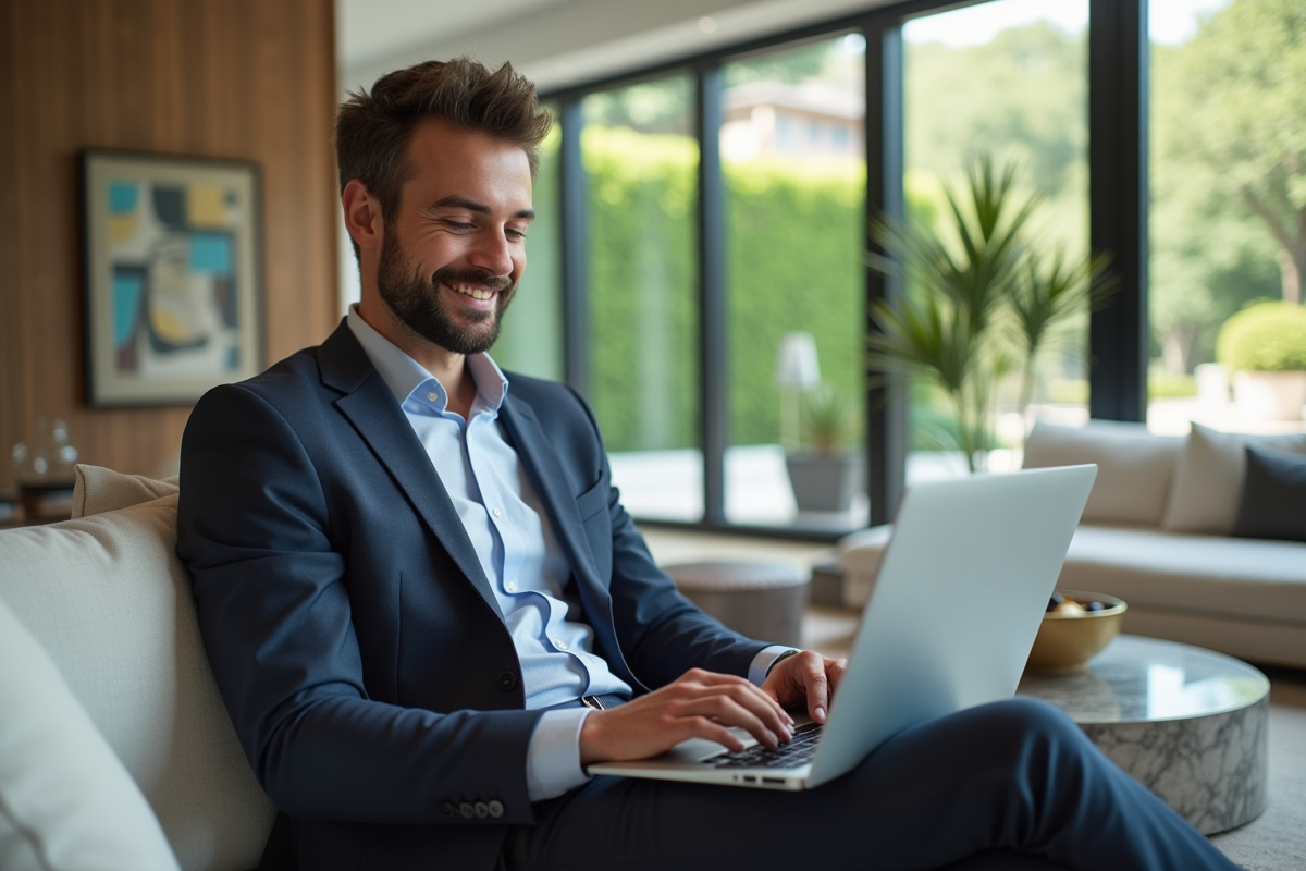 Homme en costume relaxant dans un salon moderne et lumineux