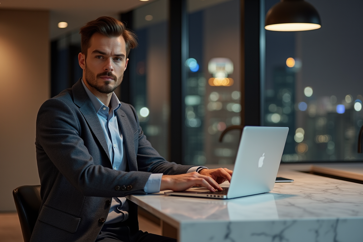 Homme élégant en blazer dans un appartement moderne