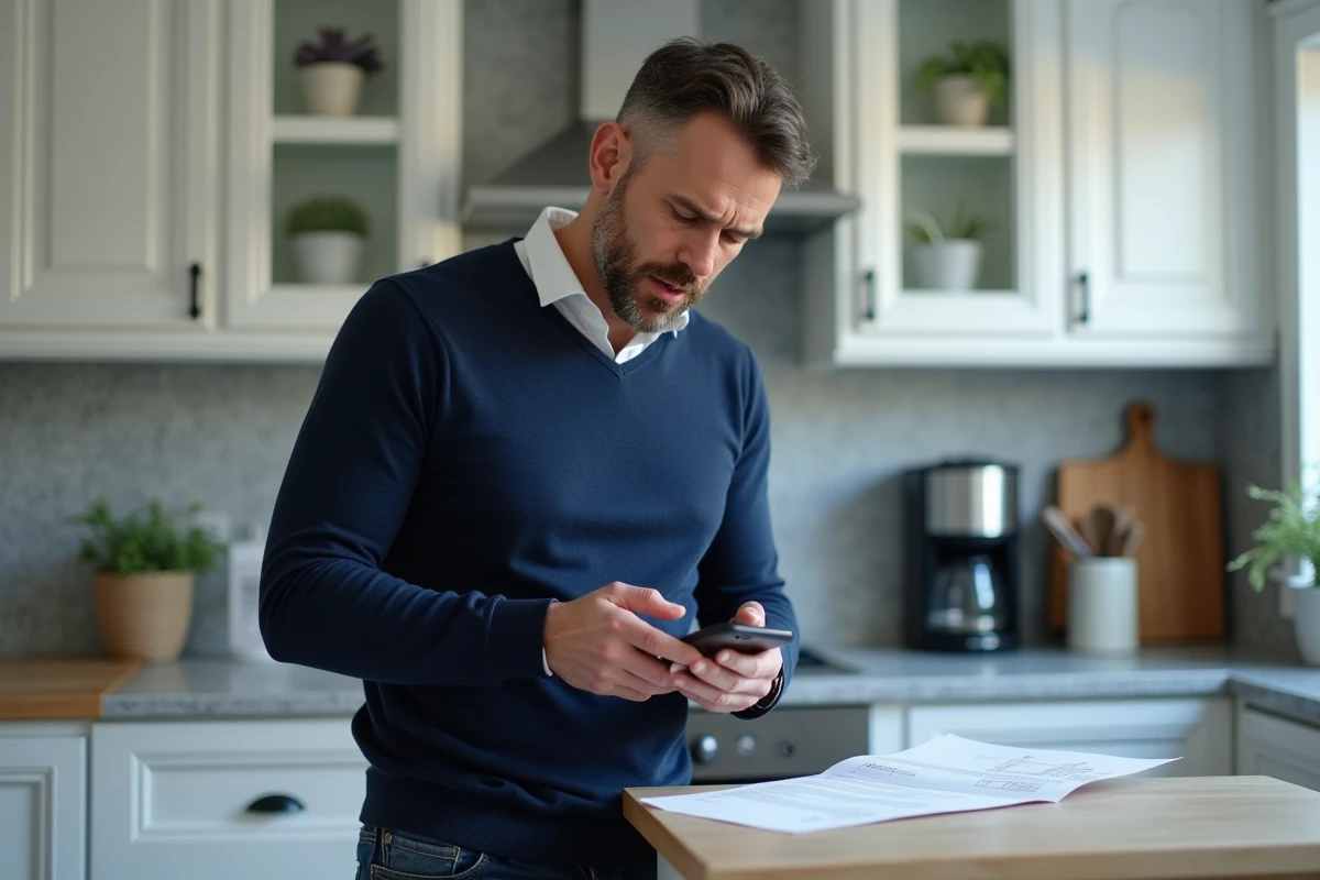Homme consultant une facture Cetelem et rédigeant un message de réclamation sur smartphone dans sa cuisine